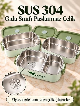 Valkyrie 3 Katlı Paslanmaz Çelik Yemek Kabı Sızdırmaz Kapaklı Sefer Tası Termal Çantalı Lunch Box