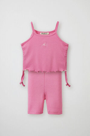 Pembe Fitilli Askılı Bluz - Mini Şort