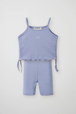 Mavi Fitilli Askılı Bluz - Mini Şort