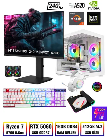 Zeiron Damage X40 Ryzen 7 5700 16GB Ram 512GB M.2 Nvme SSD RTX5060 8GB 24" 240Hz Oyuncu Masaüstü Bilgisayar