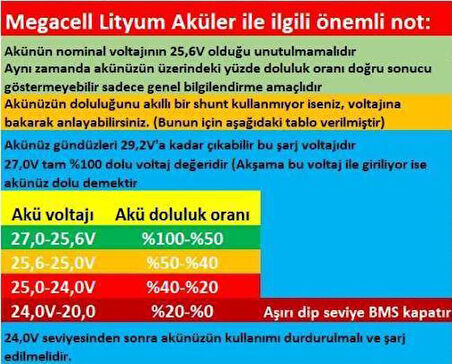 Megacell 25.6V 100Ah LiFePO4 Lityum Demir Fosfat Akü