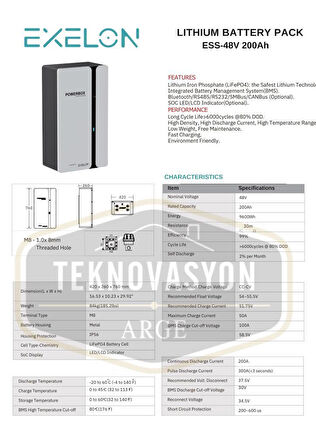 Teknovasyon Arge Exelon 48 V 200 Ah Lityum Akü Duvar Tipi