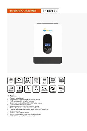 URETECH 7KVA 6.2KW 6200 W Watt Tam Sinüs Akıllı MPPT 110A H.V. 55-450V İnverter 48VDC-6,2KW 220VAC İnvertör