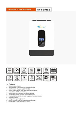 URETECH 4.2KVA 3800 Watt Tam Sinüs Akıllı MPPT 110A H.V 55-450V İnverter 24dc-220Vac İnvertör