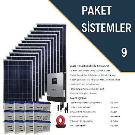 Güneş Enerjisi Bağ Evi Solar Paketi 5KVA Akıllı İnverter 410W Güneş Paneli 100Ah Jel Akü PKT9