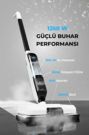 PiranTech CB702 Buharlı Mop | 1250W Güç | 180° Dönebilen Başlık | Halı ve Sert Zemin Temizleyici