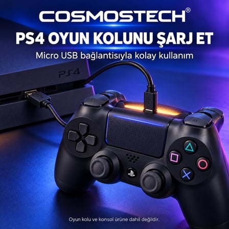 Cosmostech PS4 DualShock 4 Oyun Kolu Şarj Kablosu CS4-140 – USB Micro USB Gamepad Şarj ve Veri Aktarım Kablosu