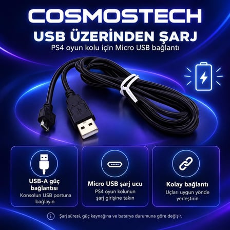 Cosmostech PS4 DualShock 4 Oyun Kolu Şarj Kablosu CS4-140 – USB Micro USB Gamepad Şarj ve Veri Aktarım Kablosu
