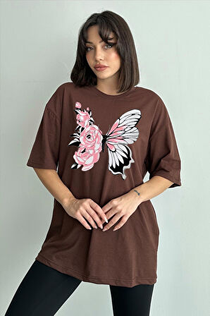 Kadın Çiçekli Kelebek Baskılı Bisiklet Yaka Oversize T-Shirt