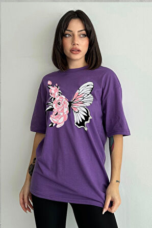 Kadın Çiçekli Kelebek Baskılı Bisiklet Yaka Oversize T-Shirt