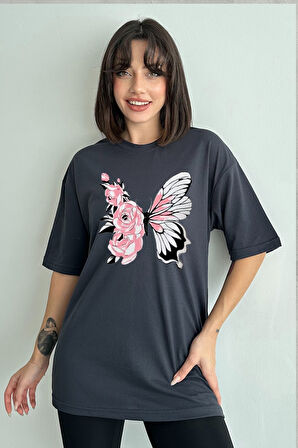 Kadın Çiçekli Kelebek Baskılı Bisiklet Yaka Oversize T-Shirt