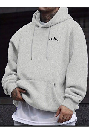 Erkek Dağ Baskılı Kapüşonlu Sweatshirt