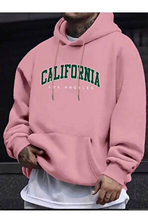 Erkek Pembe California Baskılı Kapüşonlu Oversize Sweatshirt