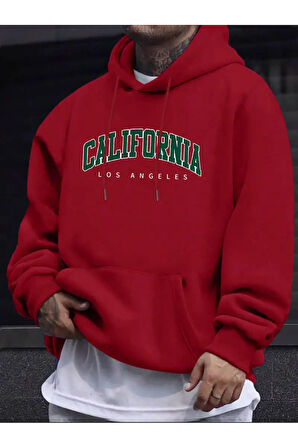 Erkek Kırmızı California Baskılı Kapüşonlu Oversize Sweatshirt