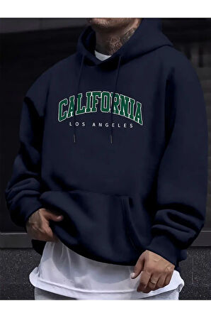 Erkek Lacivert California Baskılı Kapüşonlu Oversize Sweatshirt