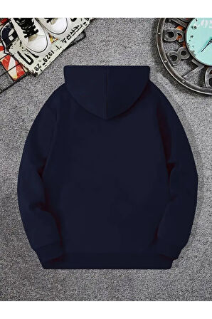 Erkek Lacivert California Baskılı Kapüşonlu Oversize Sweatshirt