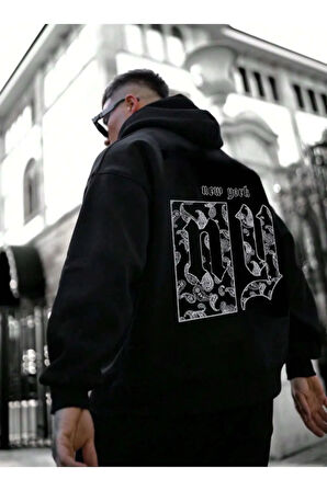 Erkek NY Baskılı Kapüşonlu Oversize Sweatshirt