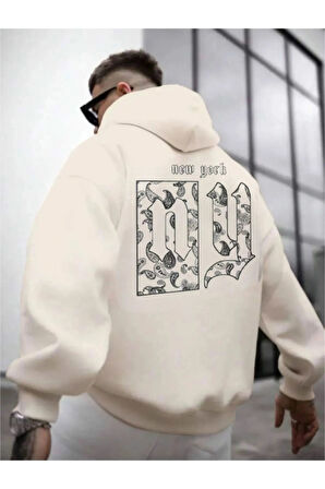 Erkek NY Baskılı Kapüşonlu Oversize Sweatshirt