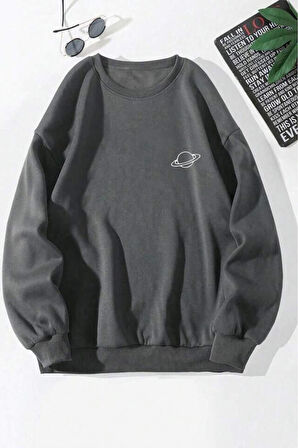 Erkek Saturn Baskılı Bisiklet Yaka Oversize Sweatshirt
