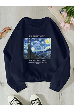 Kadın Yıldızlı Gece Tablo Baskılı Bisiklet Yaka Oversize Sweatshirt