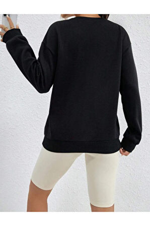 Kadın Kalp Baskılı Bisiklet Yaka Oversize Sweatshirt