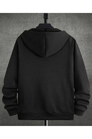 Kadın Siyah Kalp Baskılı Kapüşonlu Fermuarlı Oversize Sweatshirt