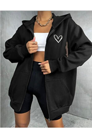 Kadın Kalp Baskılı Kapüşonlu Fermuarlı Oversize Sweatshirt