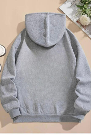 Kadın Kalp Baskılı Kapüşonlu Fermuarlı Oversize Sweatshirt
