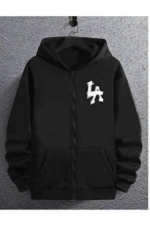 Erkek LA Baskılı Kapüşonlu Fermuarlı Oversize Sweatshirt