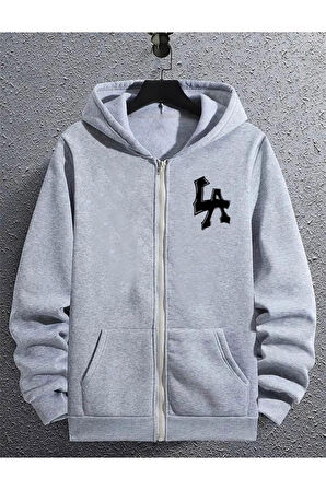 Erkek LA Baskılı Kapüşonlu Fermuarlı Oversize Sweatshirt