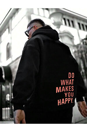 Erkek Makes You Happy Baskılı Kapüşonlu Oversize Sweatshirt