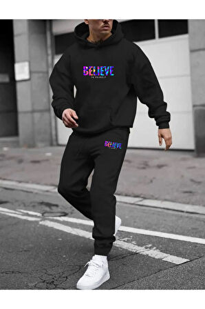 Erkek Believe Baskılı Oversize Kapüşonlu Eşofman Takımı