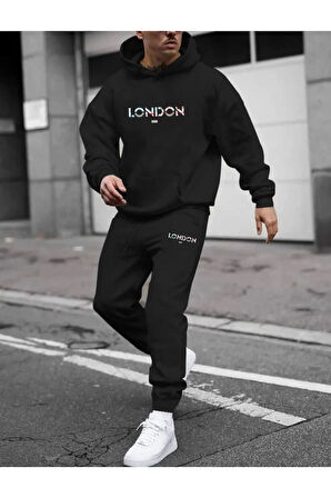 Erkek London Baskılı Oversize Kapüşonlu Eşofman Takımı