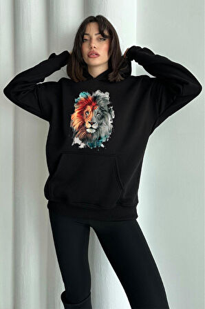 Kadın Aslan Baskılı Oversize Kapüşonlu Sweatshirt