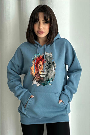 Kadın Aslan Baskılı Oversize Kapüşonlu Sweatshirt