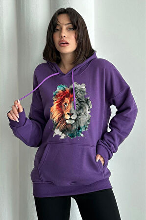 Kadın Aslan Baskılı Oversize Kapüşonlu Sweatshirt