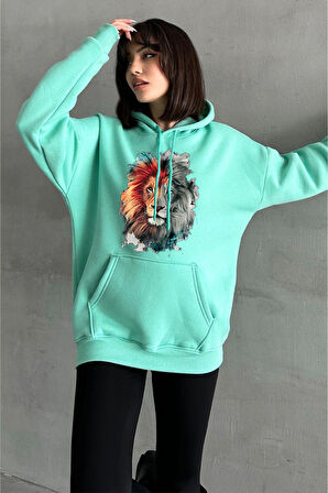 Kadın Mint Yeşili Aslan Baskılı Oversize Kapüşonlu Sweatshirt