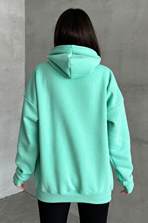 Kadın Mint Yeşili Aslan Baskılı Oversize Kapüşonlu Sweatshirt