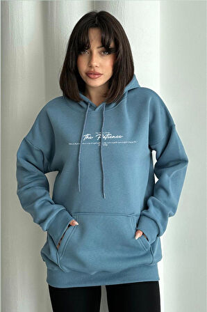 Kadın Mavi The Patience Baskılı Oversize Kapüşonlu Sweatshirt