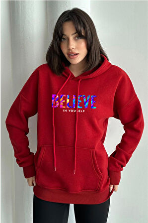 Kadın Kırmızı Renkli Believe Baskılı Oversize Kapüşonlu Sweatshirt