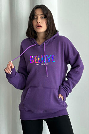 Kadın Mor Renkli Believe Baskılı Oversize Kapüşonlu Sweatshirt