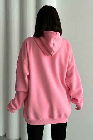 Kadın Pembe Minik Gezegen Baskılı Oversize Kapüşonlu Sweatshirt