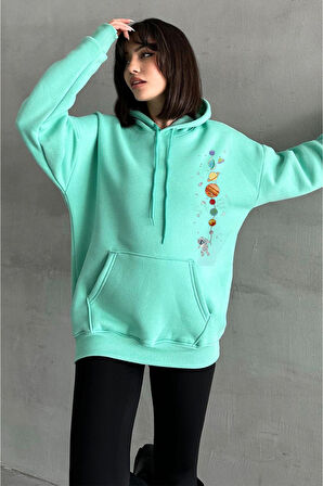 Kadın Minik Gezegen Baskılı Oversize Kapüşonlu Sweatshirt