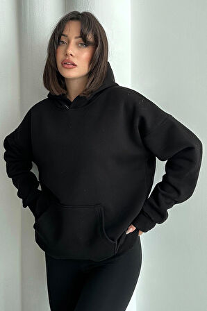 Kadın Do What Makes You Happy Baskılı Oversize Kapüşonlu Sweatshirt