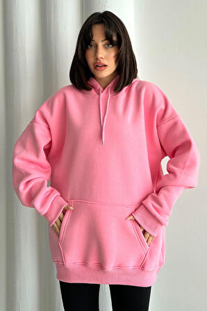 Kadın Do What Makes You Happy Baskılı Oversize Kapüşonlu Sweatshirt