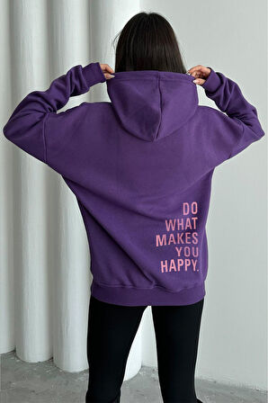 Kadın Do What Makes You Happy Baskılı Oversize Kapüşonlu Sweatshirt