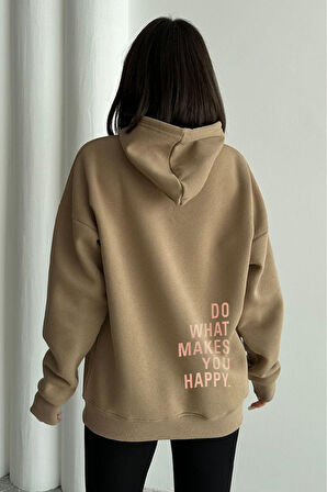 Kadın Vizon Do What Makes You Happy Baskılı Oversize Kapüşonlu Sweatshirt