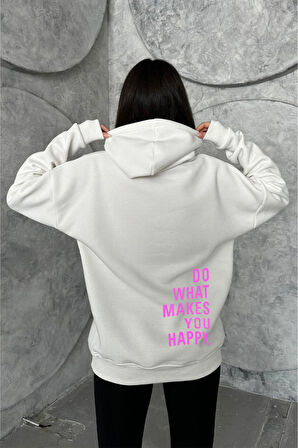 Kadın Do What Makes You Happy Baskılı Oversize Kapüşonlu Sweatshirt