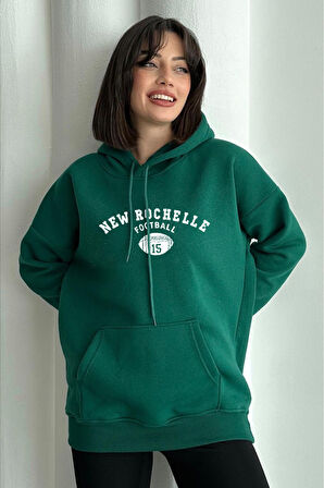 Kadın Yeşil New Rochelle Baskılı Oversize Kapüşonlu Sweatshirt