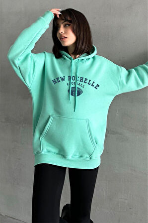 Kadın Mint Yeşili New Rochelle Baskılı Oversize Kapüşonlu Sweatshirt